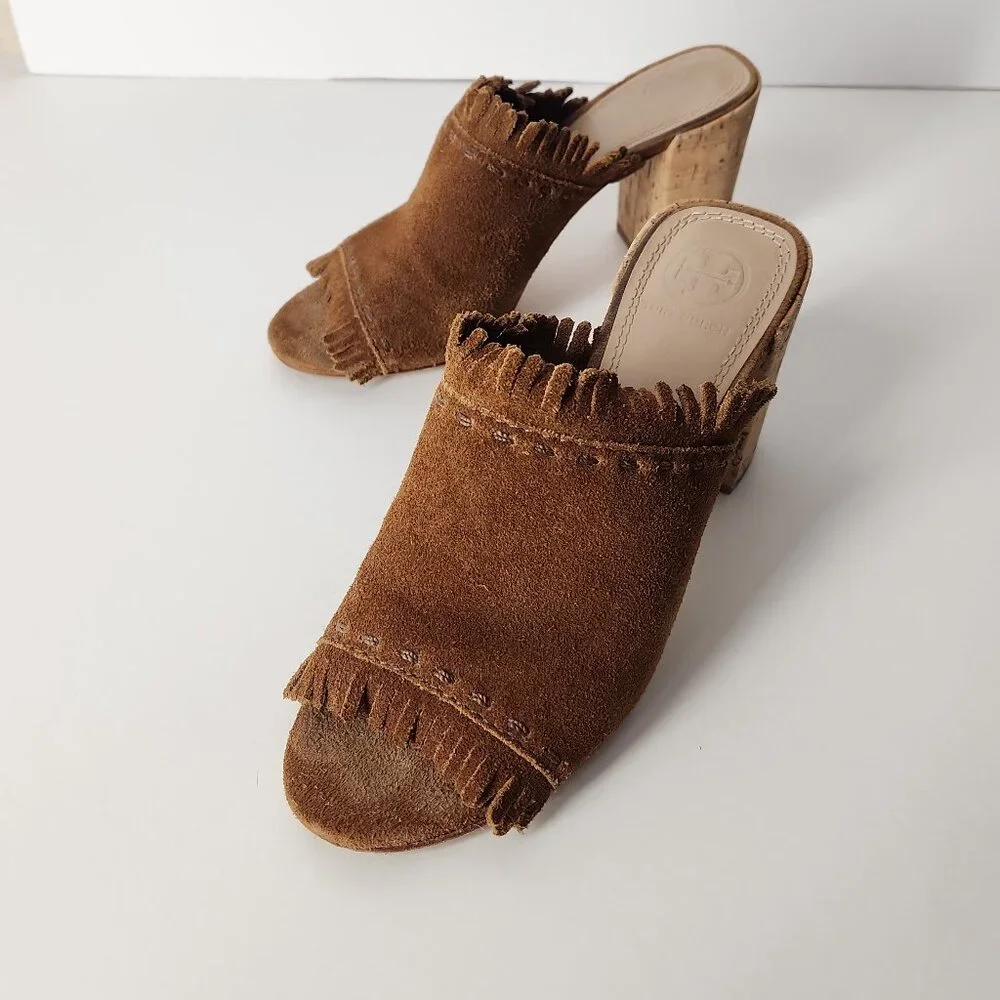 Tory Burch Huntington suede fringe mule sandal cork block heel shoes 5.5 M - Picture 6 of 12